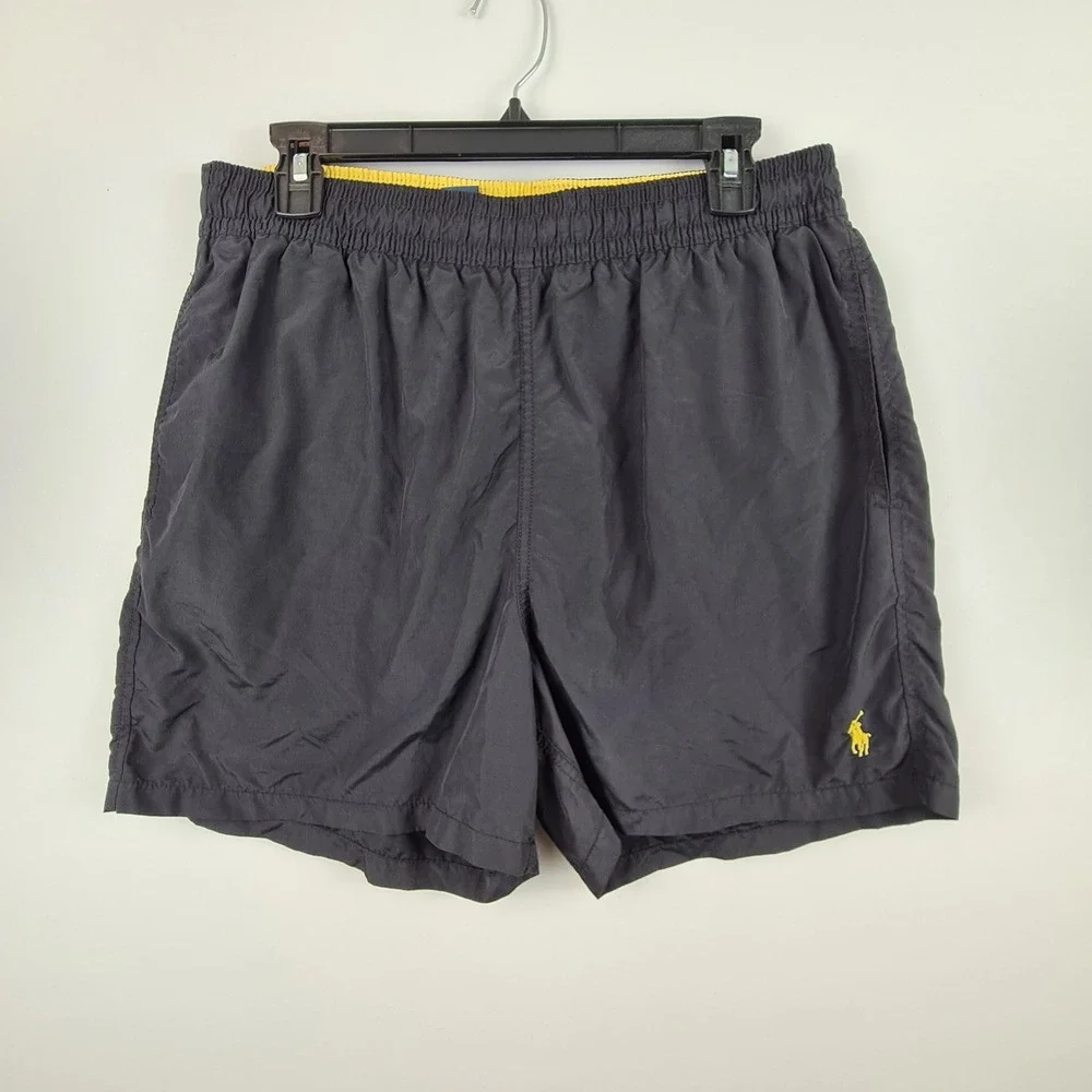 Polo Ralph Lauren Mens Black Swim Trunks Yellow Pony Logo Mesh Lined Large